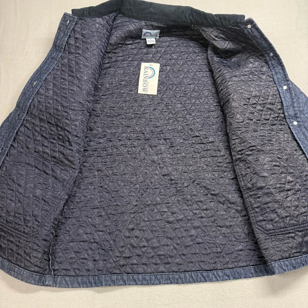 Rainbow Quilted‎ Denim Jacket Rhinestone Cat Snap Front Corduroy Collar Women